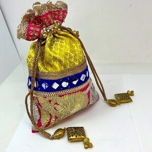 Indian Hand Embroidered Hindi Potli Cinch Bag Wristlet Pouch